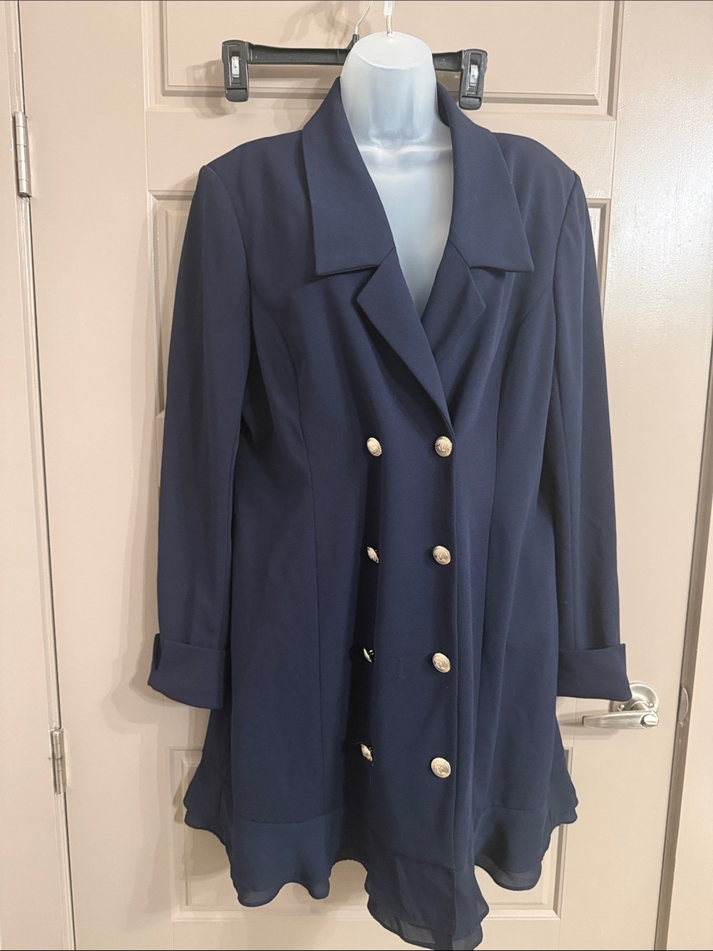 Karl Lagerfeld Navy Double-Breasted Long Blazer with Gold Buttons and ruffle hem